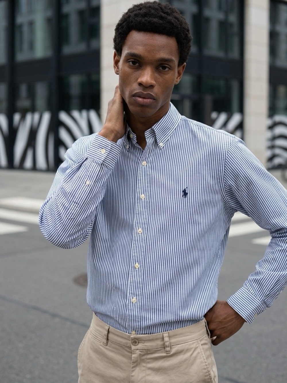 Ralph Lauren Navy and White Striped Button-Down Shirt, Classic Fit, 16 ½ 32/33
